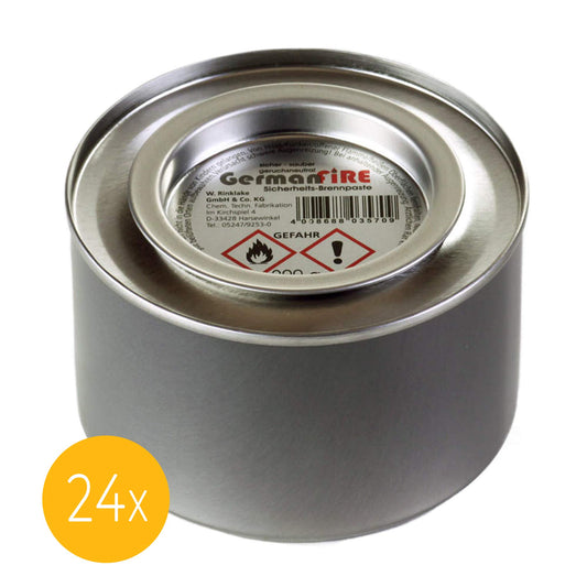 24 x GermanFire- Sicherheits-Brennpaste aus ungiftigem Ethanol, Dose 200 g Brenndauer 2,5 Std. pro Dose, Brenngel für Chafing Dish Speisewärmer Warmhaltebehälter Rechaud