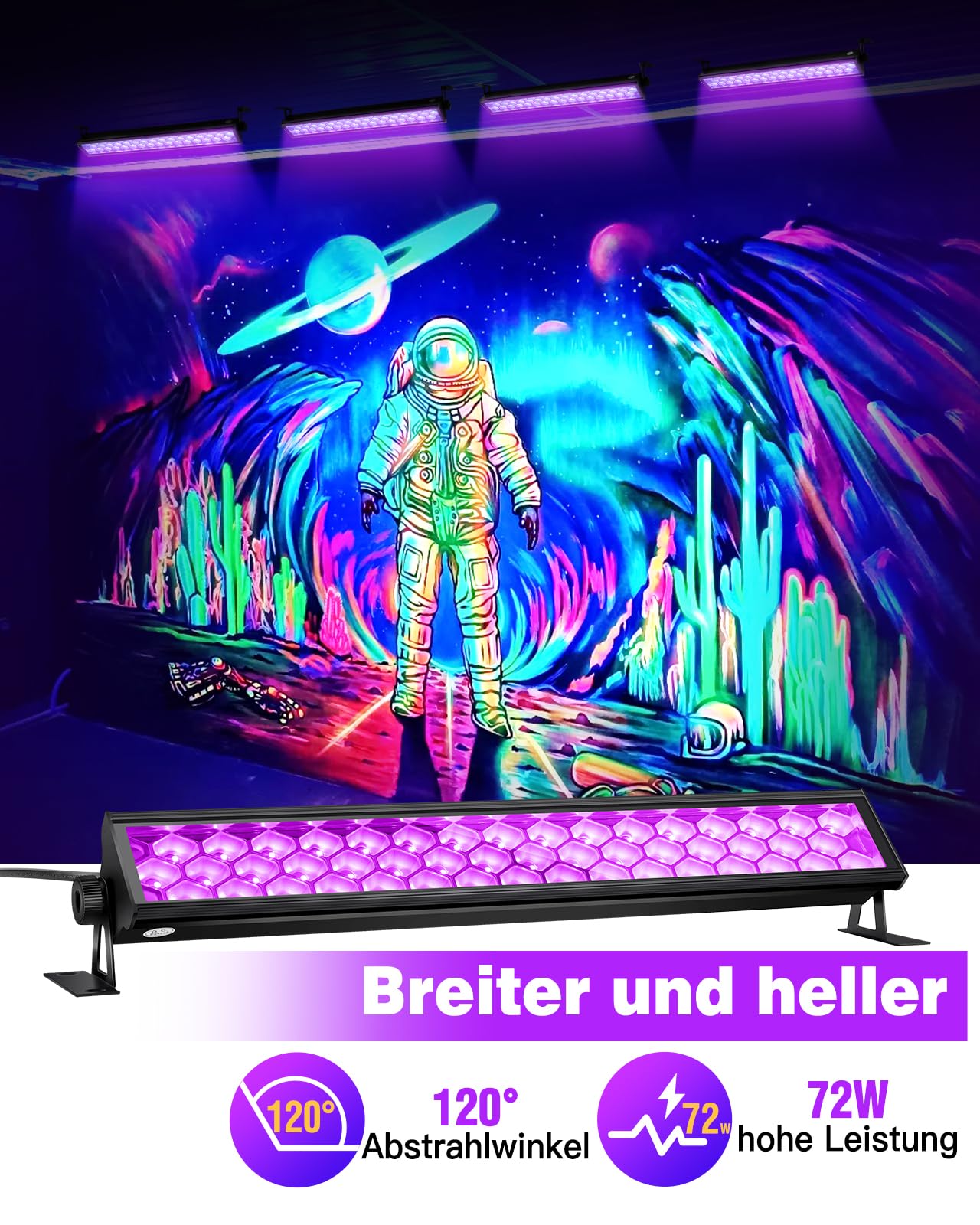 Anpro 72W Schwarzlichtleiste, 48 LED-Schwarzlicht mit fluoreszierenden Bändern, 360° verstellbares UV-Schwarzlicht mit 120° Abstrahlwinkel, 4,5 Fuß Netzkabel, 385–400 nm Wellenlänge, mit Schalter