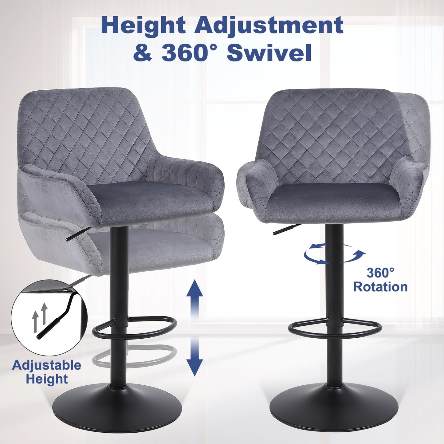 ralex-chair Barhocker 2er Set, Höhenverstellbare Drehbare Barhocker aus Samtstoff, Frühstücks-Esshocker mit Rückenlehne und Armlehne für Bar, Theke und Küche, Grau