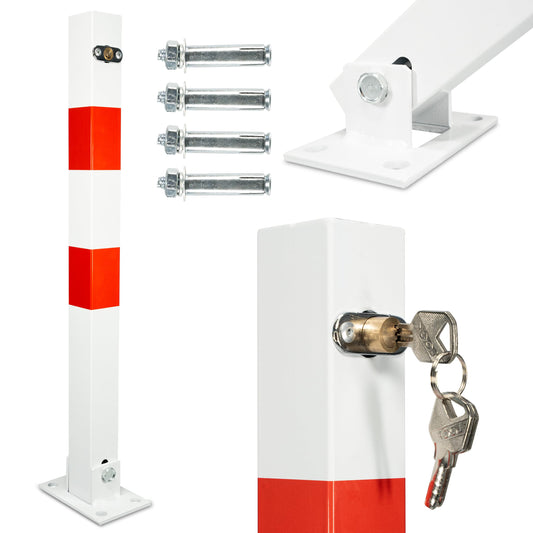 Parkpfosten Absperrpfosten klappbar 65cm Hoch Parkplatzsperre je Poller 3 Schlüssel 4 Schwerlastdübel Pfosten Weiß signal Rot ParkWatch Absperrung Pollen (1)