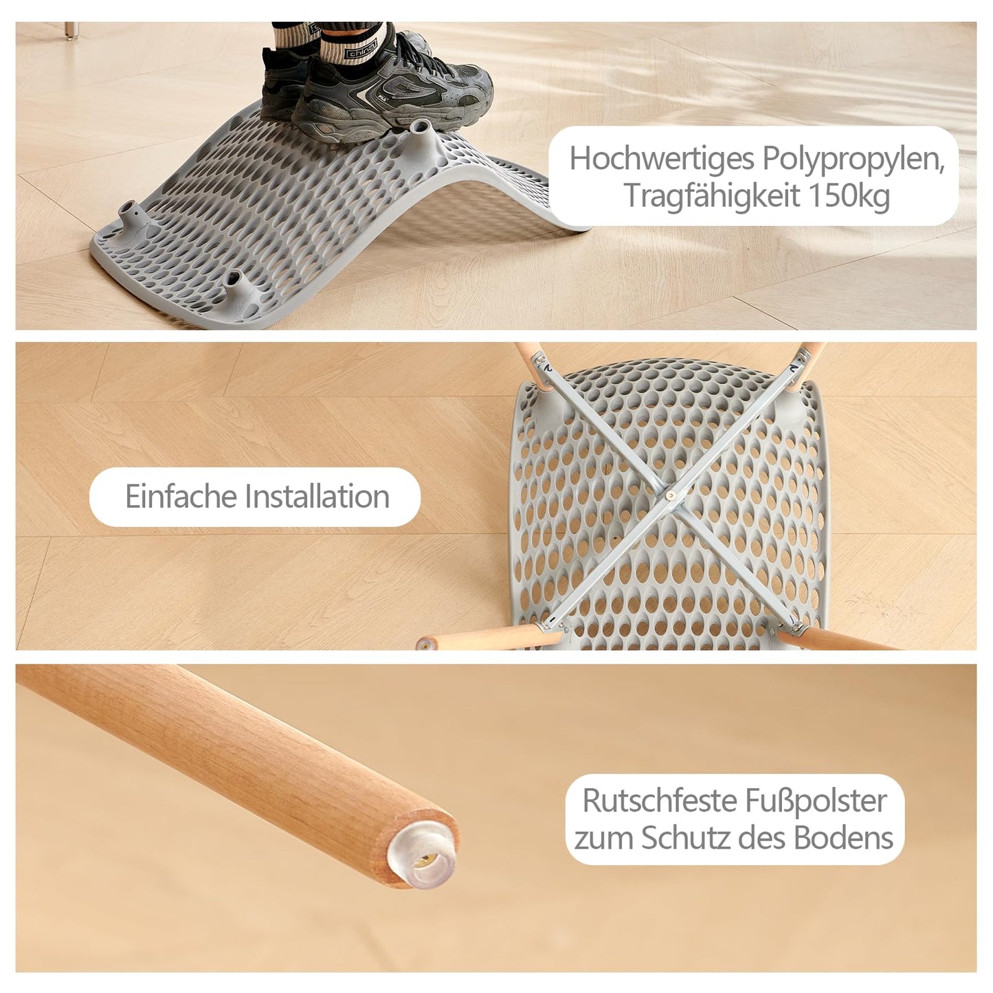 Rensinnoal Kunststoffstühle,Esszimmerstühle Plastik mit Beinen aus Massivem Buchenholz,Entsprechend der Ergonomie,Rezeptionsstühle Eignen Sich für Küchen, Restaurants und Cafés (6, Grau)