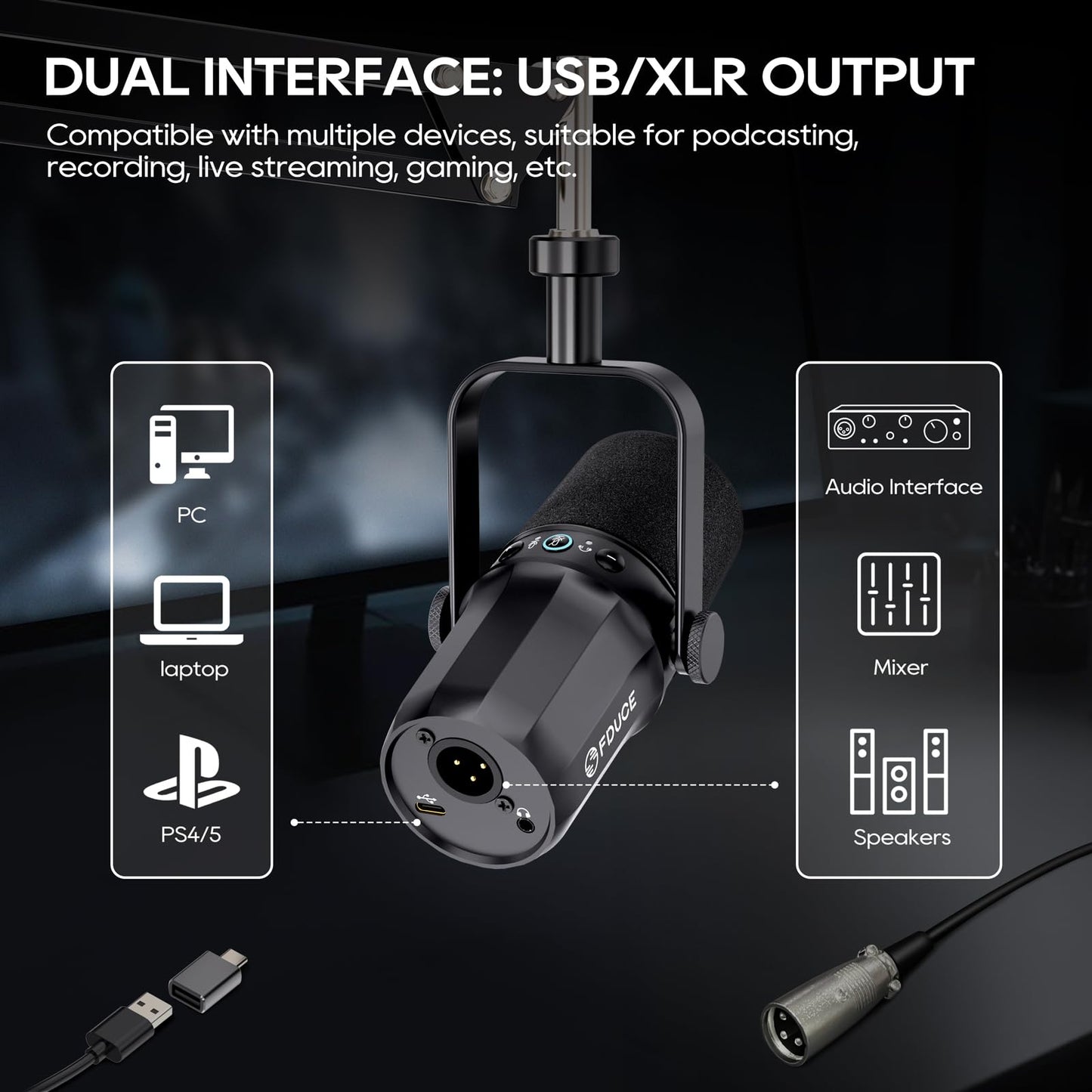 FDUCE SL40+ dynamisches Podcast-Mikrofon, USB/XLR-Mikrofon-Set für Gaming und Streaming, dynamisches Mikrofon mit Galgenarmst?nder, integrierter Kopfh?rerausgang, Stummschalttaste, Gain-Taste