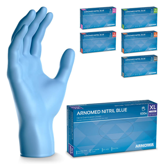 ARNOMED Nitril Einweghandschuhe 100 Stück/Box, XL, puderfreie & latexfreie Einmalhandschuhe, Blaue Nitrilhandschuhe, in Gr. XS, S, M, L, XL & XXL verfügbar