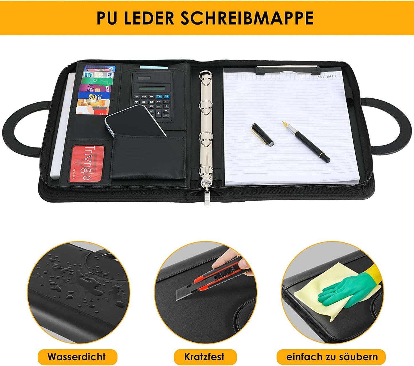 Schreibmappe A4, Konferenzmappe Leder, Dokumentenmappe mit Reißverschluss, Wasserdicht Aktenmappe mit Ringbuch Klemmbrett Notizblock, Portfolio Padfolio Mappe für Business Meeting, Schwarz