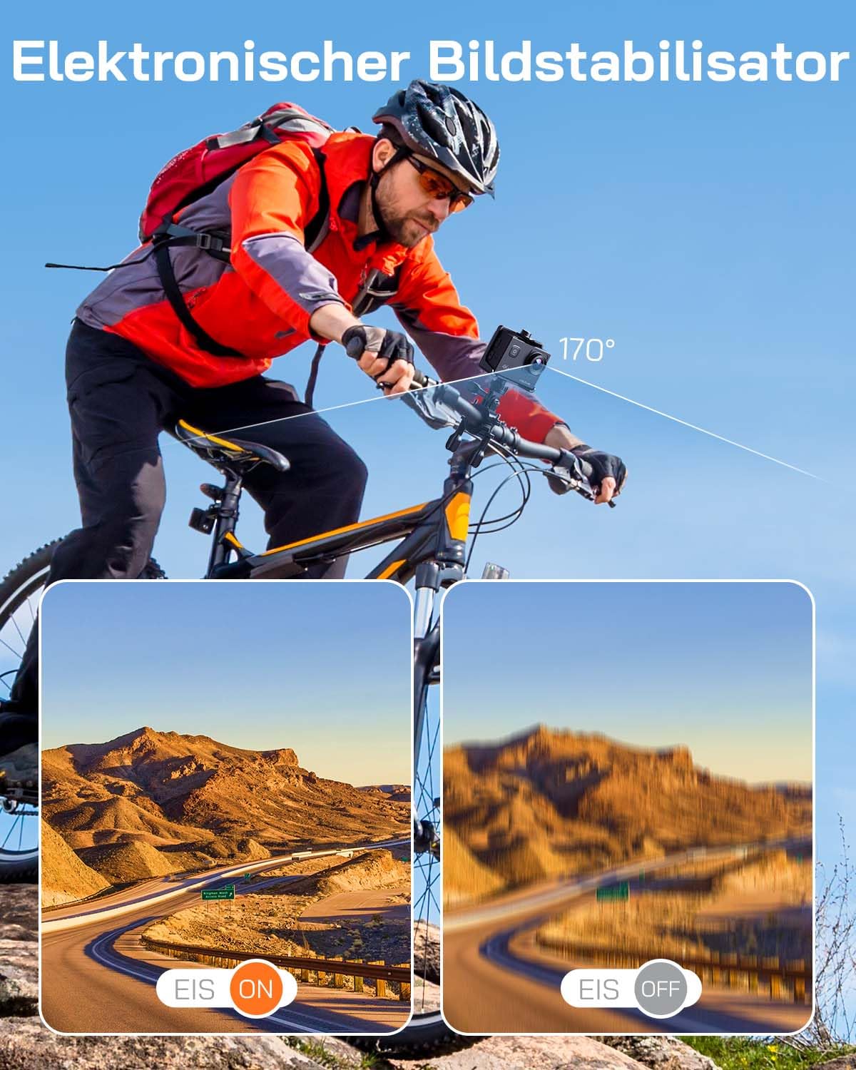 WOLFANG GA100 Action Cam 4K 20MP Unterwasserkamera WiFi 40M wasserdichte EIS Bildstabilisator Helmkamera 170°Weitwinkel Camcorder (Externem Mikrofon, 2.4G Fernbedienung, 2 Akkus und Zubehör Kit)