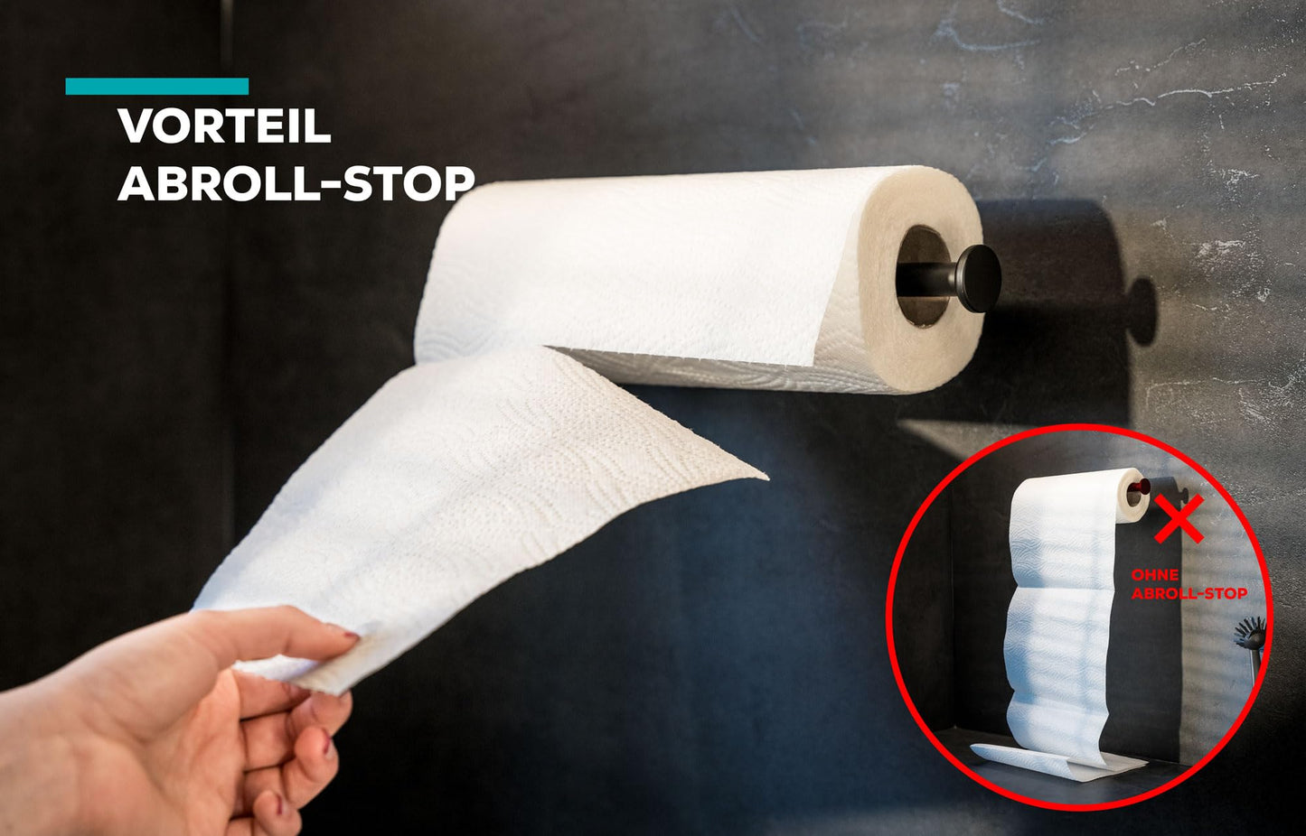 vetene® Premium Küchenrollenhalter ohne Bohren (Zum Einhändig Abreißen) – Edelstahl Silber mit Abroll-Stop – Zewa Rollenhalter – Küchenpapierhalter