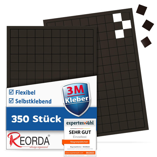 REORDA Magnetplättchen selbstklebend (350 Stück) - Magnetstreifen - 3M Kleber ermöglicht stärkste Klebekraft - Flache Magnete I Magnetfolie selbstklebend