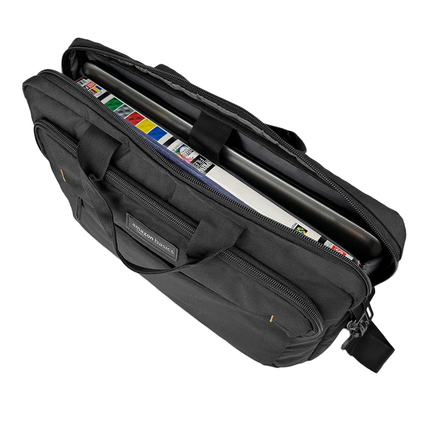 Amazon Basics- kompakte Laptoptasche, Umhängetasche/Tragetasche mit Taschen zur Aufbewahrung von Zubehör, für Laptops bis zu 15,6 Zoll (39,6 cm), Schwarz, 1 Stück