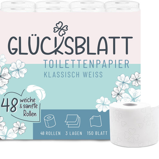 Glücksblatt Toilettenpapier KLASSISCH WEISS, 3-lagig, 48 Rollen x 150 Blatt, 100% Zellstoff, weiches Klopapier mit Glücks-Prägung, WC Papier, ideal für Camping, Verpackung aus mind. 30% PCR-Anteil