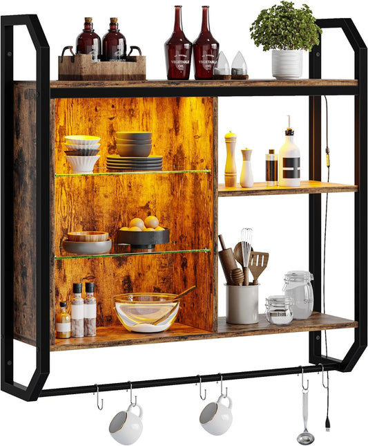 Bestier LED Küche schwimmende Regale, 84cm industrielle Rohr Regale mit verstellbaren Glasböden, Wandregal mit 6 S-Haken Handtuch Bar, Wein Kaffee Bar Regal für Raumdekoration rustikal, Braun