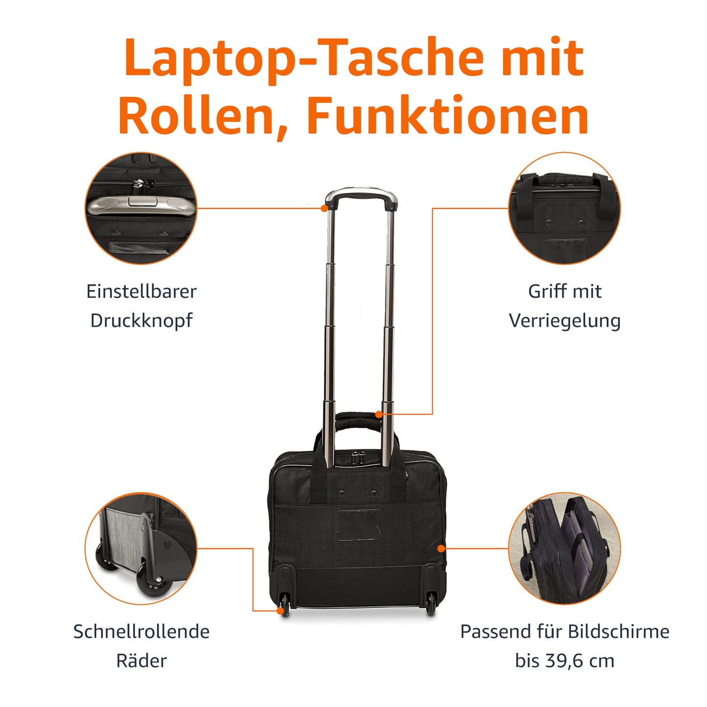 Amazon Basics - Laptop-Trolley, mit schnell laufenden Rollen und leicht zugänglicher Vordertasche - geeignet für Laptops bis 15,6 Zoll (39,6 cm), Schwarz