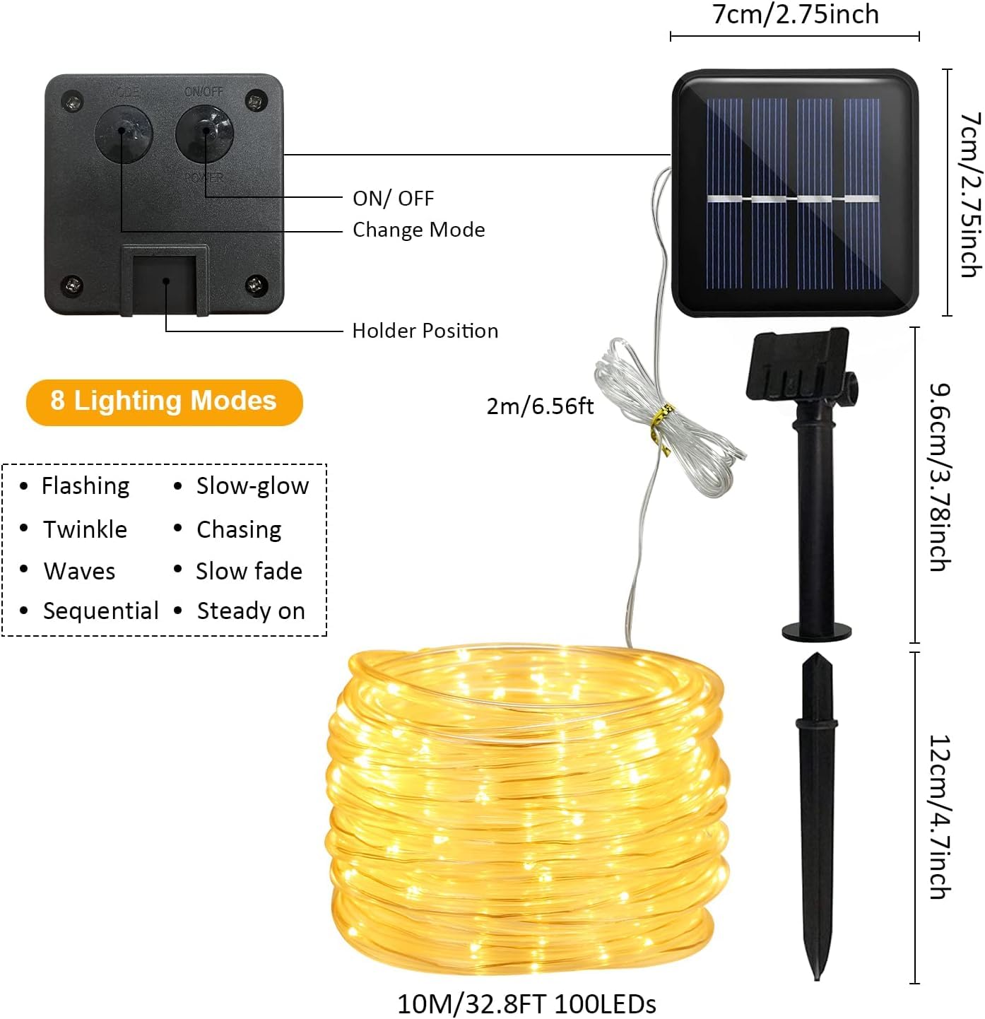 JIMACRO Outdoor Solar LED Lichtschlauch, IP65 Wasserdicht Solar Lichterkette Außen 12m 100LEDs Solar Deko Lichter mit 8 Beleuchtungsmodi für Garten Baum Party Weihnachtsdekoration