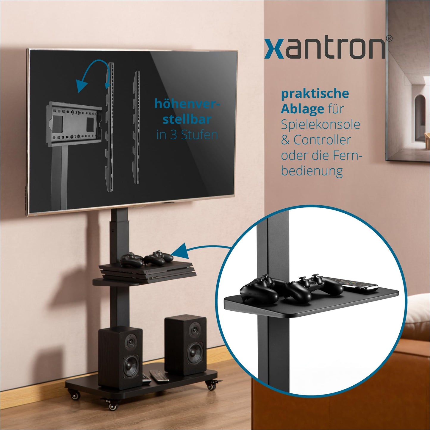 Xantron® TV Ständer Rollbar Höhenverstellbar für TVs bis 75 Zoll [mit Ablagefläche] Fernsehständer mit Rollen/Fernseher Bodenständer/Fernseher Halterung stehend/TV Rollwagen