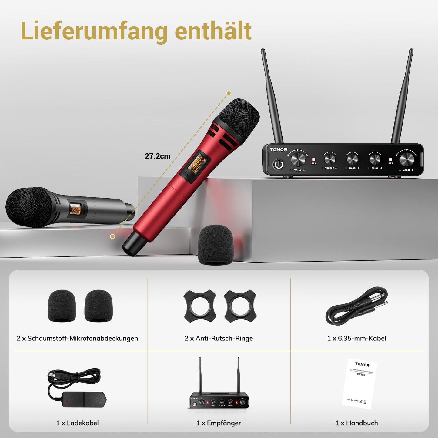 Dual Funkmikrofonen System kabellos, TONOR drahtloses Karaoke Mikro Mic Set wireless microphone Handmikrofon dynamisch mit Empfänger für Hochzeit Party Kirche Vortrag Bühne Reden Konferenz TW350 Rot