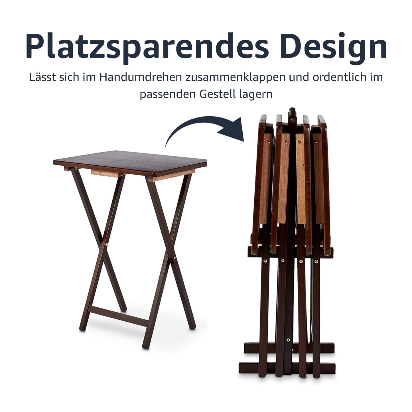 Amazon Basics Klapp-Beistelltische aus Holz, mit Halterung, 4 Stück im Set, Espresso-Braun