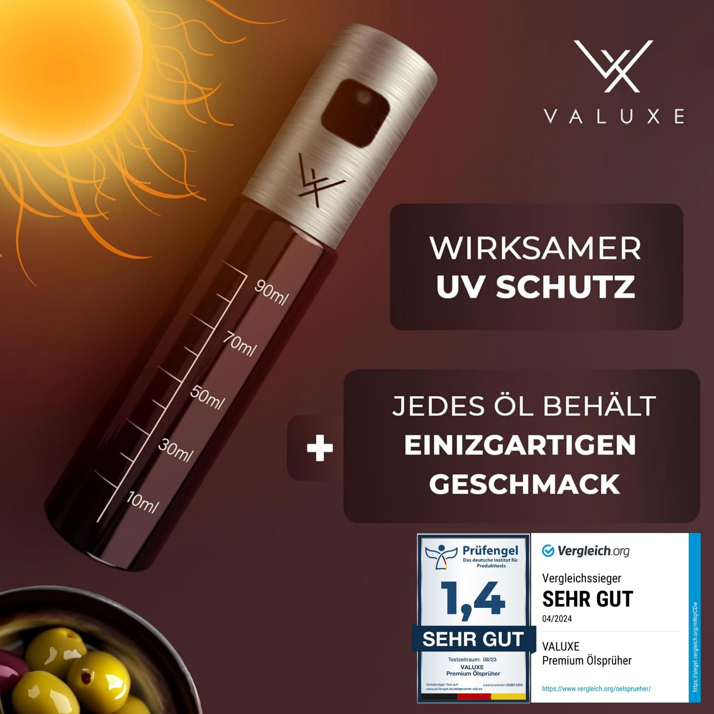VALUXE® Ölsprüher für Speiseöl und Essig mit UV-Schutz Glas & Sprühfilter - 2er Set Edelstahl Öl-Sprühflasche inkl. Halterung - Präziser Olivenöl Sprüher, Öl-Zerstäuber, Oil-Sprayer