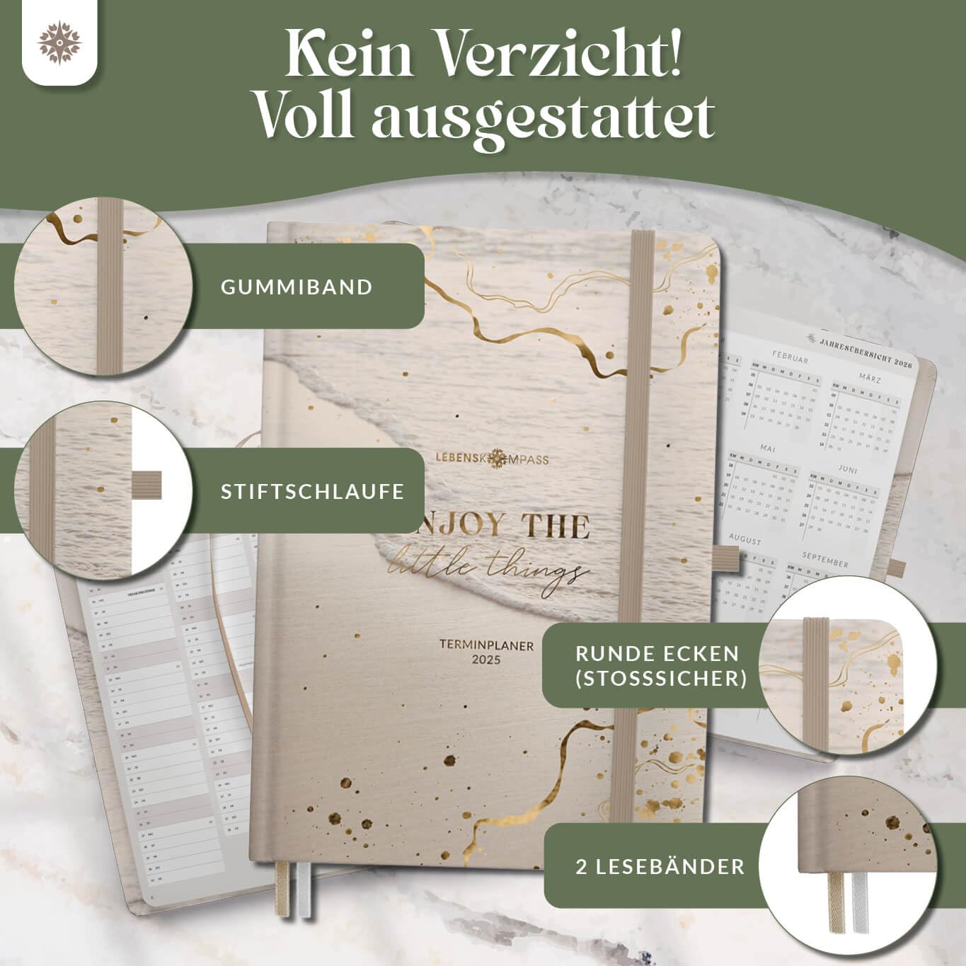 Lebenskompass Kalender 2025 Buchkalender A5 "STRAND" - Schöner Wochenplaner 2025 & Terminkalender 2025 - stabiles Hardcover mit edler Folienprägung