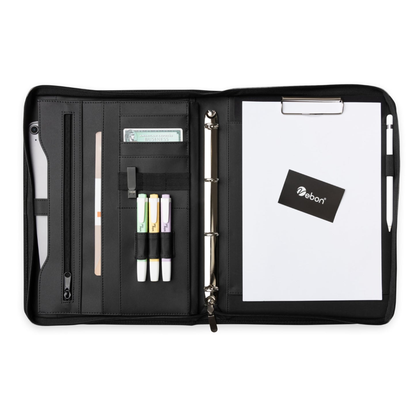 Vebon® Schreibmappe Ringbuch A4 Berlin I Reißverschluss + Klemmbrett I Konferenzmappe + Laptoptasche I extra Stauraum I Schwarz I Kunstleder