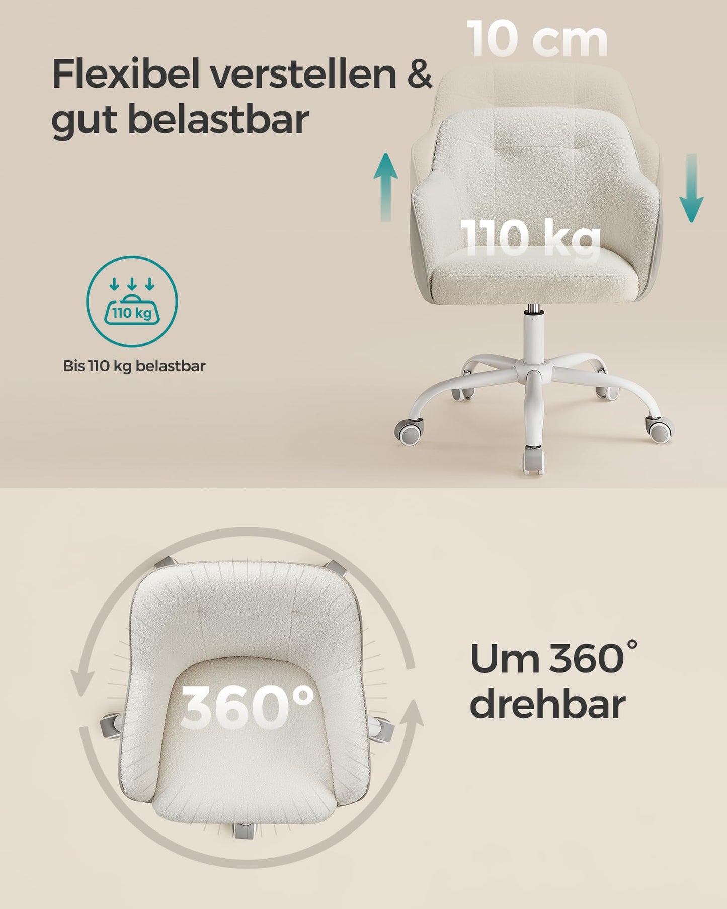 SONGMICS Homeoffice Stuhl, Drehstuhl, Schreibtischstuhl, höhenverstellbar, bis 110 kg belastbar, atmungsaktiver Sherpa-Stoff und PU, für Arbeitszimmer, Schlafzimmer, cappuccinobeige OBG019W01