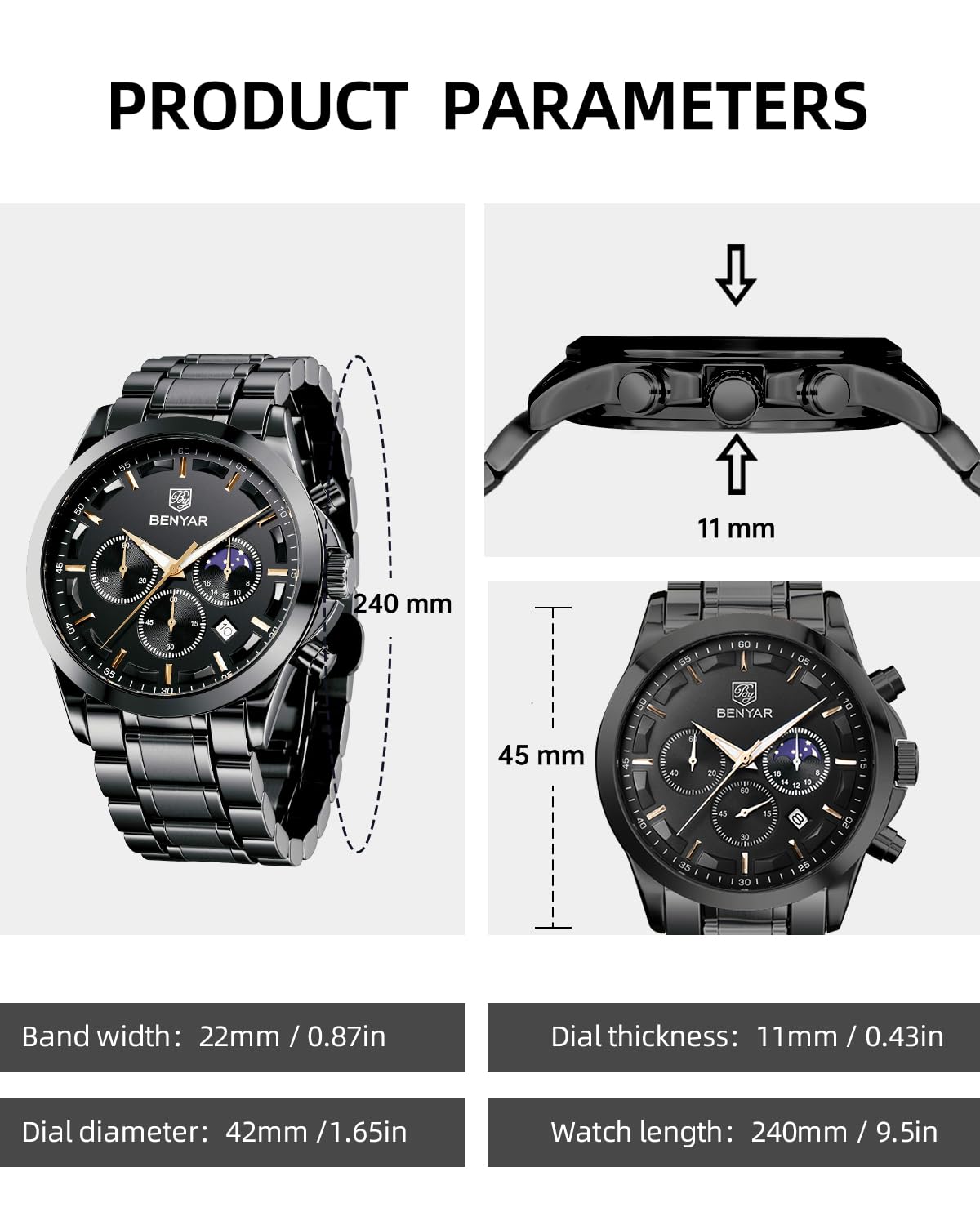BENYAR Herren Uhr Chronograph Analog Quarz Stilvolle Edelstahlarmband Armbanduhr Wasserdicht Leuchtende Datum Herrenuhren Elegantes Business Uhren Geschenk für Männer