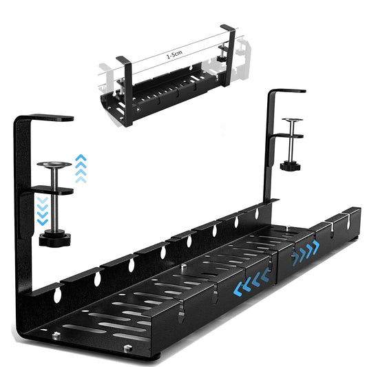 Kabelkanal Schreibtisch Ohne Bohren, HQQNUO Schwarz Einziehbarer 30.5-55cm Kabelmanagement Schreibtisch, Verstellbarer Metall Kabelhalter Kabel Organizer für Home Office Cable Management Under Desk