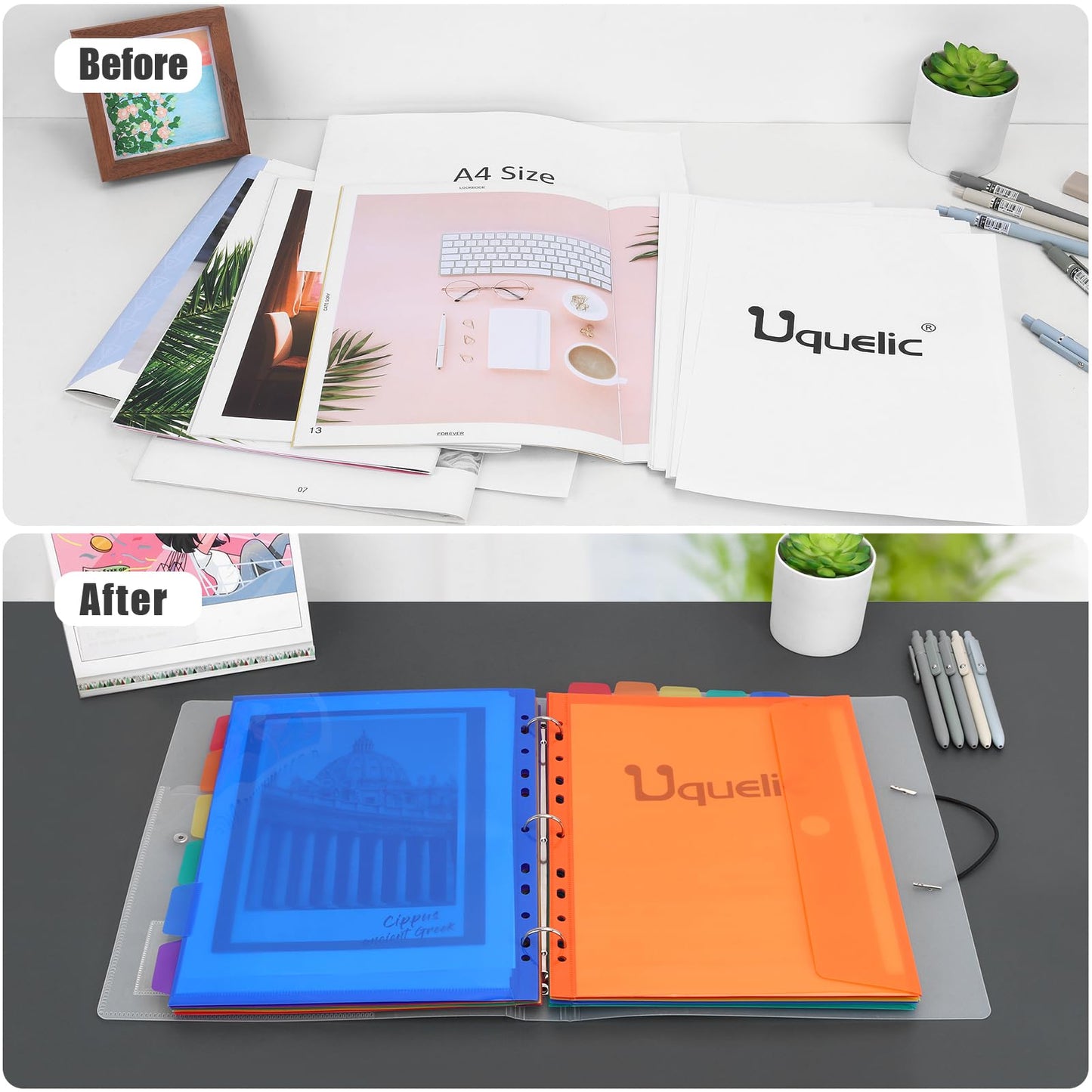 Uquelic Dokumentenmappe A4 zum Abheften, Ringordner A4 Schmal mit 12er Kunststoff Dokumententasche (6 Farben), Wasserdicht Ordner Organizer - Transparent