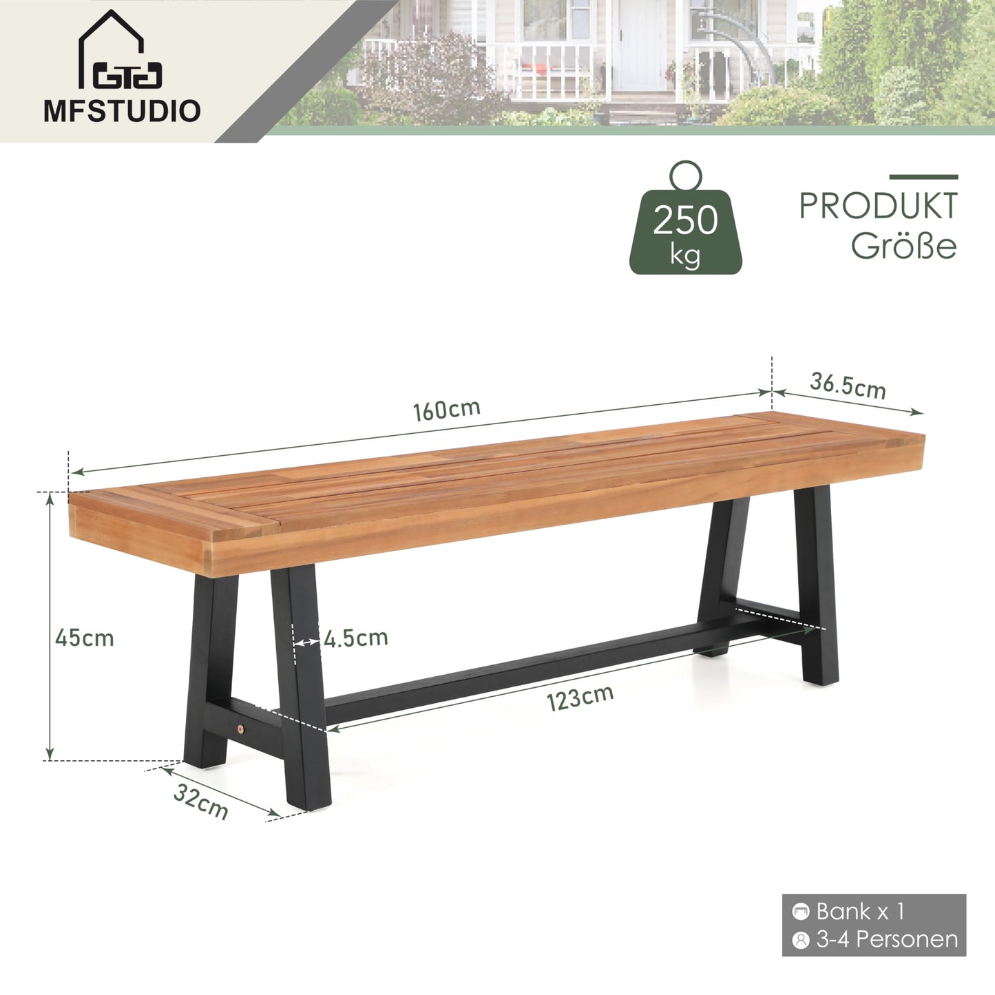 MFSTUDIO Gartenbank Wetterfest 3 Sitzer, 100% Akazienholz Parkbank, Oberfläche Vorbehandelt mit Öl, Outdoor Garten Terrasse Park Balkon Sitzbank, Farbe Teak (1)