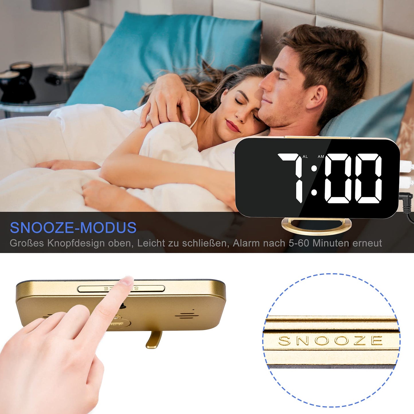 Digitaler,Wecker Am Bett,7 "LED-Spiegel-Wecker, mit 2 USB-Ladeanschlüssen,Schlummermodus,Automatische Helligkeitsanpassung,Einfach Einzurichtende Schreibtischuhr Für Die Home-Office (Gold)