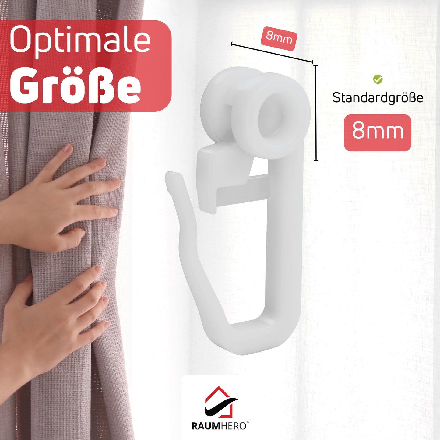 Raumhero® Gardinenröllchen für Schiene (Komplettset 100x Gardinenhaken inkl. 6X Stopper) - 8mm Standardmaß Gardinengleiter - Gardinenhaken für Schienen - 100% Made in Germany