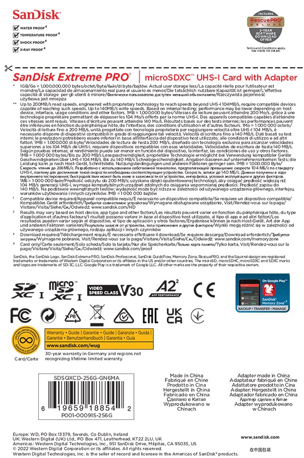 SanDisk Extreme PRO microSDXC UHS-I Speicherkarte 256 GB + Adapter & RescuePRO Deluxe (Für Smartphones, Actionkameras oder Drohnen, A2, Class 10, V30, U3, 200 MB/s Übertragung)