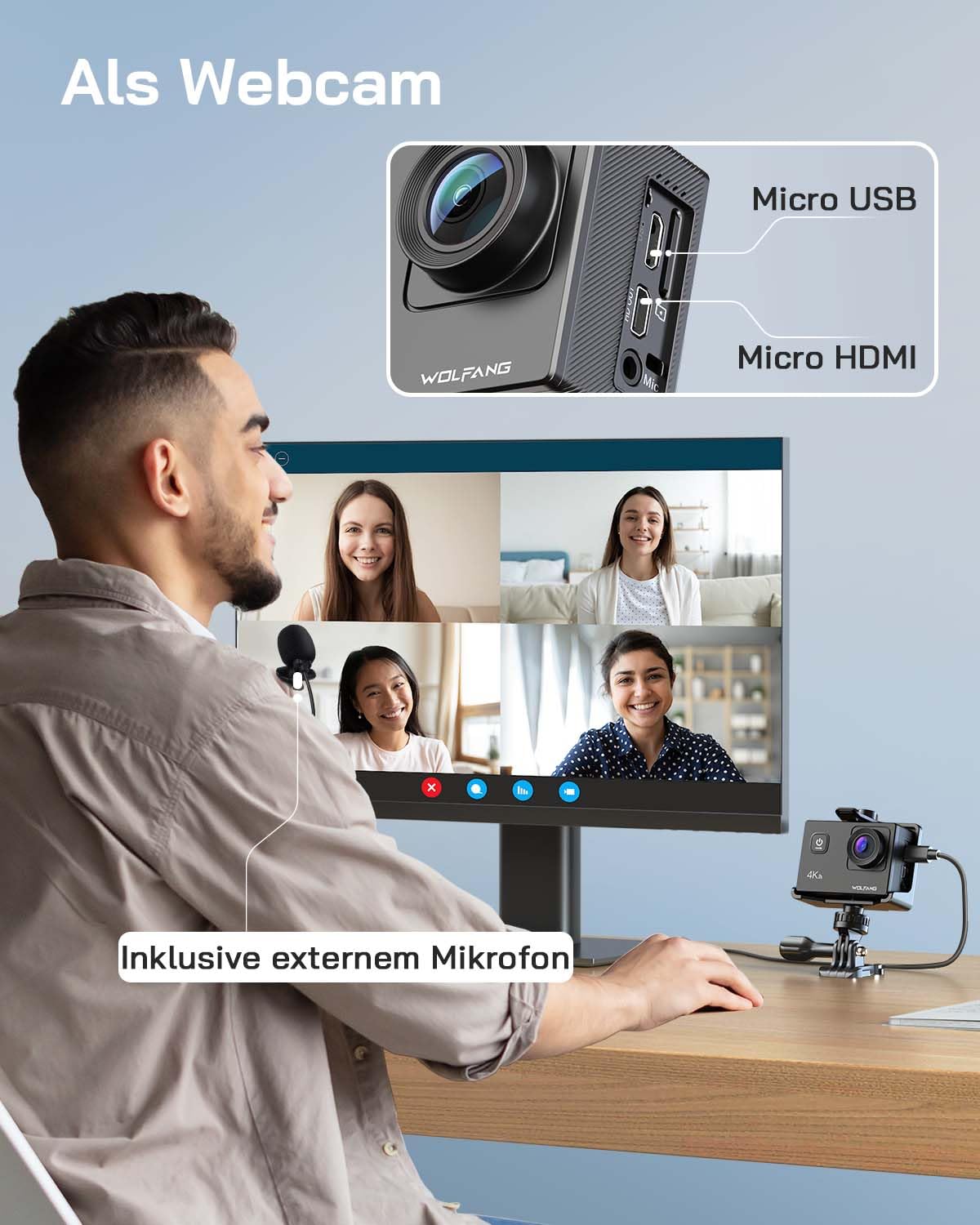 WOLFANG GA100 Action Cam 4K 20MP Unterwasserkamera WiFi 40M wasserdichte EIS Bildstabilisator Helmkamera 170°Weitwinkel Camcorder (Externem Mikrofon, 2.4G Fernbedienung, 2 Akkus und Zubehör Kit)