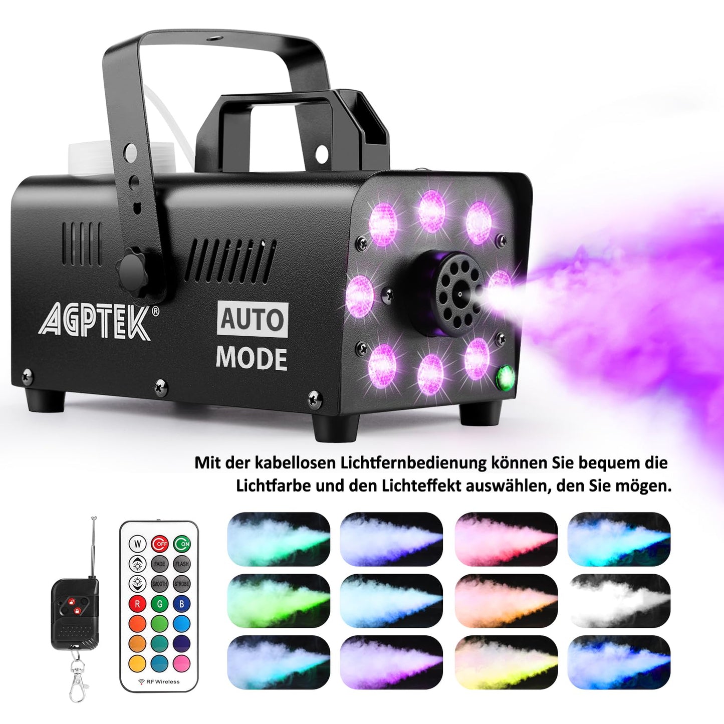 Nebelmaschine, AGPtEK Rauchmaschine mit 13 farbigen LED Lichtern und RGB Effekt, 500W und 2000CFM mit 2 kabelgebundenen und Funkfernbedienungen, perfekt für Hochzeiten, Halloween und Bühnenshows