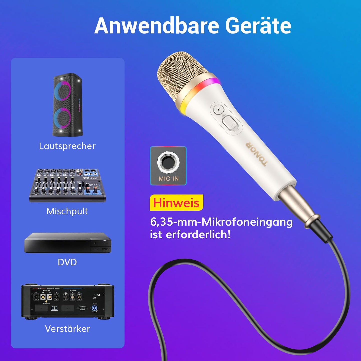 TONOR Dynamisches Karaoke Mikrofon, RGB XLR Gesangsmikrofon zum Singen, Handmikrofon mit 5M Kabel, Weiß Supernieren Microphone für Live-Gesang/Bühne/Lautsprecher/Studio/Zuhause/Party