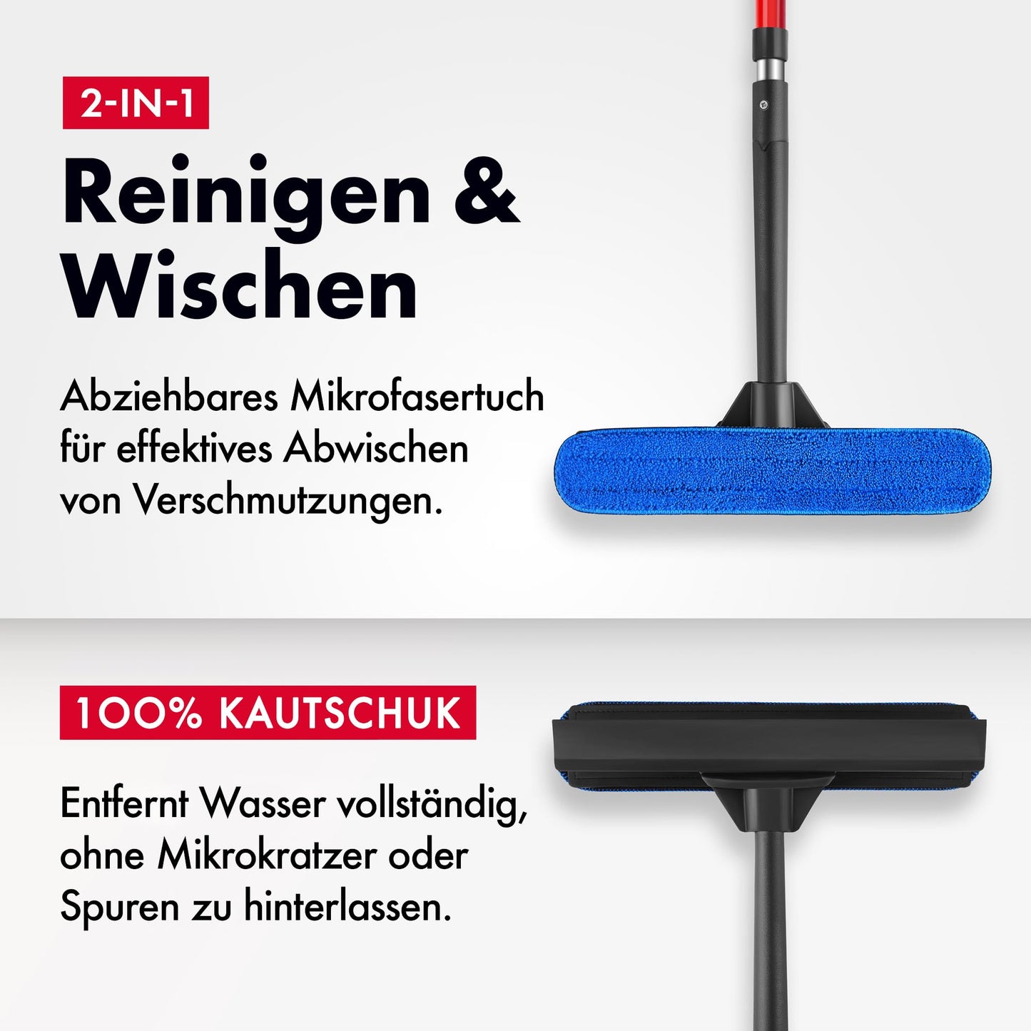 Tyroler 2-in-1 Fensterwischer mit Teleskopstiel | 30-205 cm Teleskopstange Fensterreinigung | 100% Naturkautschuk Teleskop Fensterwischer | 5-teiliger Griff Profi Fensterputzer Teleskop Set