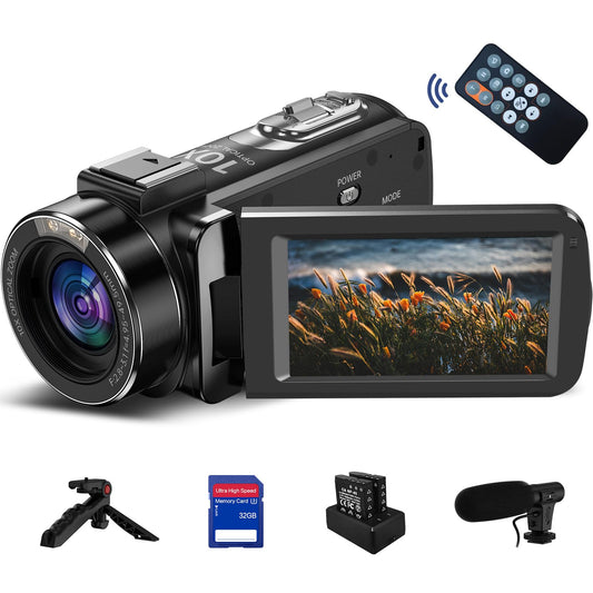 4K Videokamera Camcorder, 10X Optischer 120X Intelligenter Zoom Vlogging Kamera, 30 MP Autofokus Webcam Camera mit Stativ, 3,0-Zoll-IPS-Touchscreen, Mikrofon, 32 GB SD Karte, 2 Batterien für YouTube