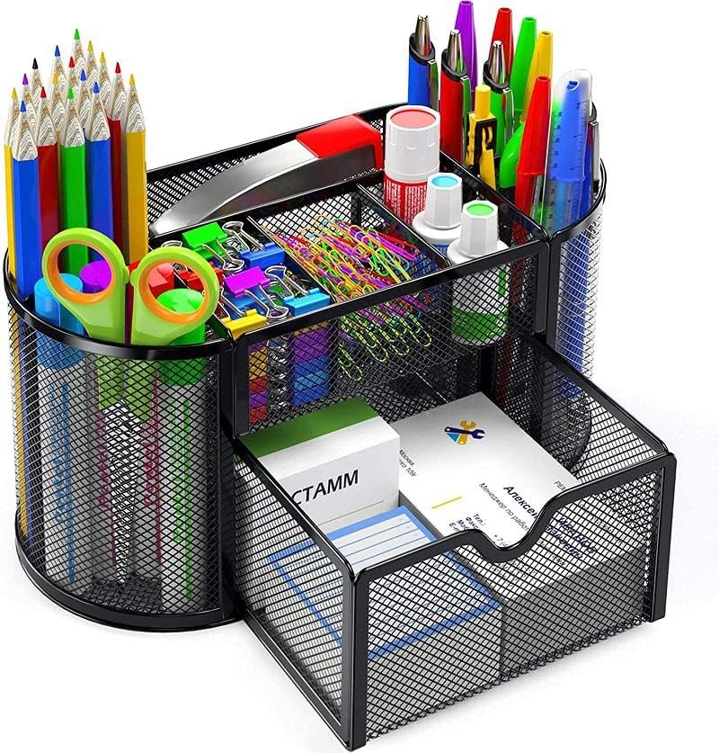 Schreibtisch Organizer, Mesh Metall Büro-Organizer mit Schublade und Stifthalter, 9 Sortierfächer für Stifte, Hefter, Ordnerklammern, Haftnotizen, Platzsparendes Desk Organizer Stifte Organizer