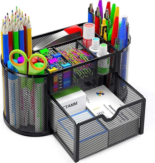Schreibtisch Organizer, Mesh Metall Büro-Organizer mit Schublade und Stifthalter, 9 Sortierfächer für Stifte, Hefter, Ordnerklammern, Haftnotizen, Platzsparendes Desk Organizer Stifte Organizer