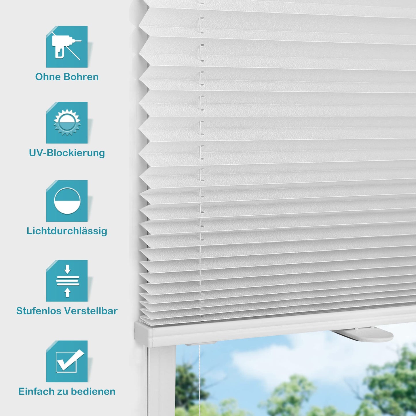 bobodeco Plissee ohne Bohren Plissees Klemmfix - Weiß 80 x 120 cm (BxH) - Easyfix plisseerollo Jalousie Faltrollo Blickdicht - Sichtschutz - Sonnenschutz Fertifplissee - Rollos für Fenster und Tür