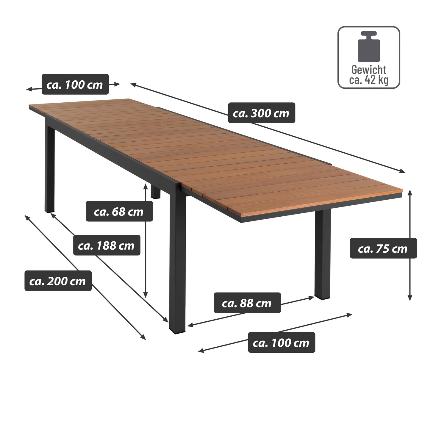 Nexos Trading Ausziehbarer Tisch eckig Küchentisch Esszimmer-Tisch Terrassen-Tisch Holz Alu 200/300x100x75cm Gartentisch Holz-Tisch Auszieh-Tisch