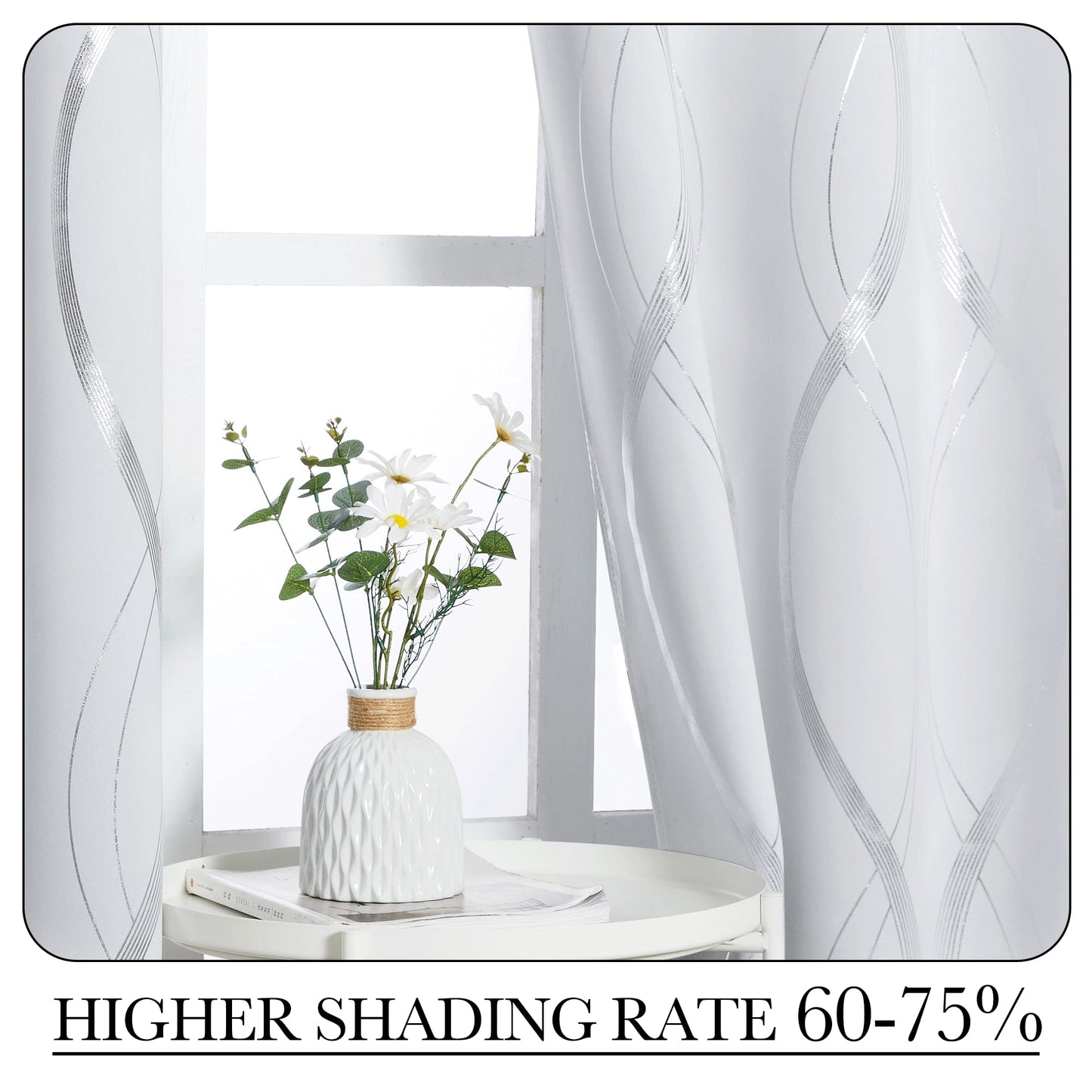 PONY DANCE Vorhänge Wohnzimmer Modern Abdunkelnde Vorhänge mit Linien-Foliebdruck Ösenvorhang 2er Set Wohnzimmer Gardinen Weiss Blickdicht H 220 x B 140 cm, Grau-weiß