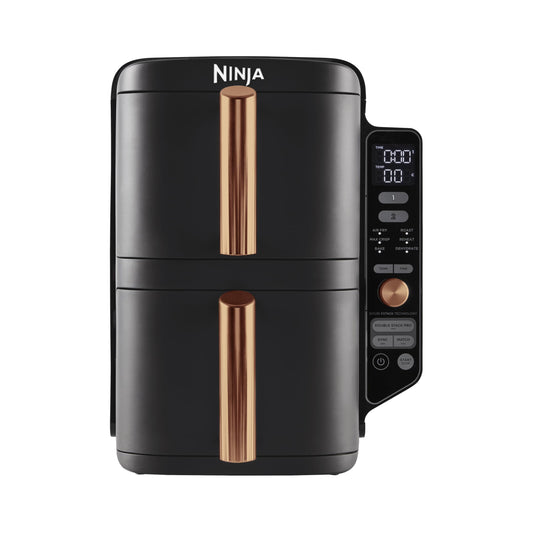 Ninja Double Stack XL Heißluftfritteuse, 2 vertikale Schubladen, 4 Kochstufen, 2 Einschübe, platzsparendes Design, 9,5 L Fassungsvermögen, 6 Funktionen, 8 Portionen, Zange, Schwarz/Kupfer SL400EUCP
