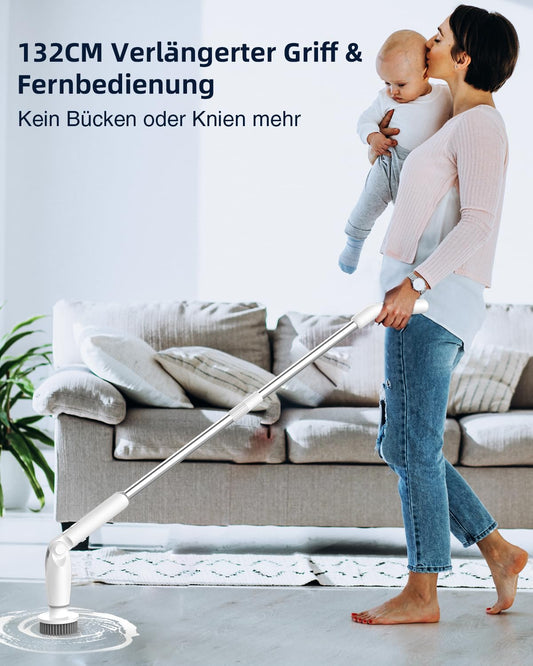 Leebein Elektrische Reinigungsbürste, 2024 Neues Spin Scrubber mit 8 Austauschbaren Bürstenköpfen, Fernbedienung, Verstellbarer Langgriff 38-132CM & 2 Geschwindigkeiten und für Badezimmer/Küche