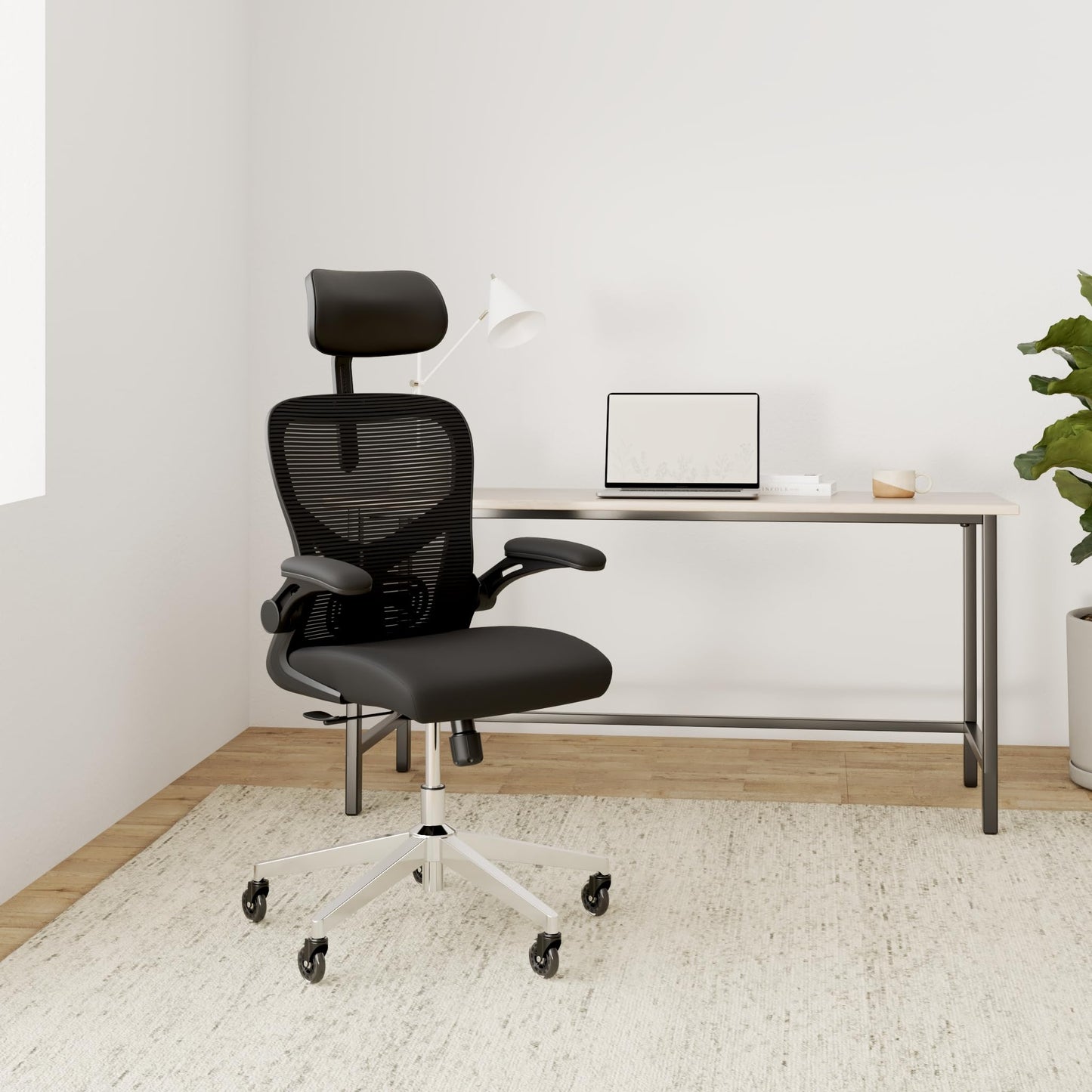 CLOUVOU SmartSeat Bürostuhl Ergonomisch | Schreibtischstuhl [3D PU Leder Kopfstütze, Blade Wheels, Chrom-Metall] | Büro Stuhl, Computerstuhl Home Office Chair Ergonomic, Drehstuhl 150 kg
