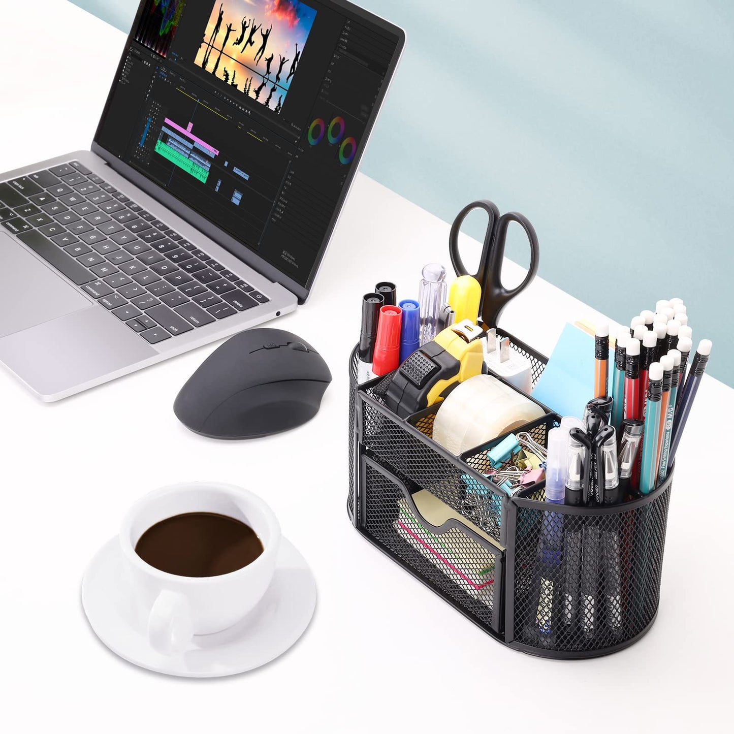Schreibtisch Organizer, Mesh Metall Büro-Organizer mit Schublade und Stifthalter, 9 Sortierfächer für Stifte, Hefter, Ordnerklammern, Haftnotizen, Platzsparendes Desk Organizer Stifte Organizer