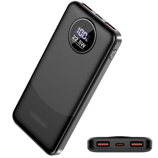 Power Bank 10000mAh, 22.5W PD QC 3.0 Schnelles Aufladen Powerbank USB C Ausgang&Eingang, Externer Akku stark mit 3 Anschlüsse und LED Anzeige, Tragbares Ladegerät für Harmony, iOS, Android (Schwarz)