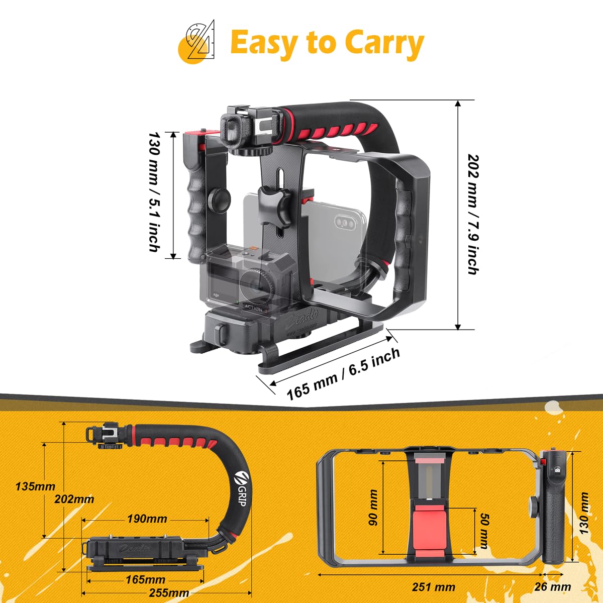 Zeadio Tripel Zubehörschuh Handheld Stabilisator mit Smartphone Video Rig, Video Aktion Handgriff Griff für Allen Kamera, Action-Kamera, DSLR und Smartphones