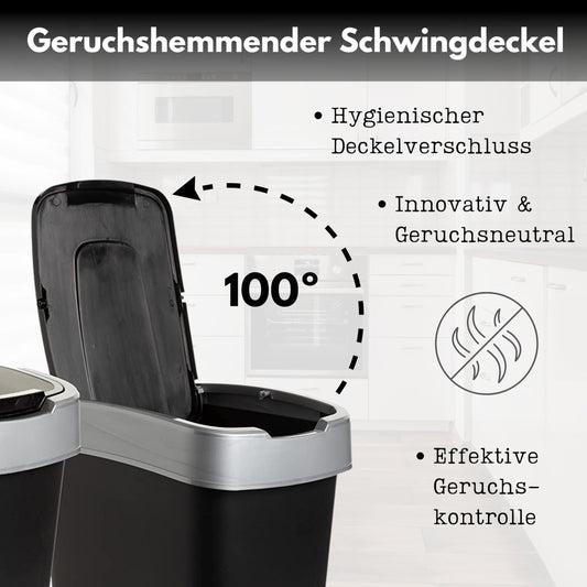 SUSTANIA Duo Mülleimer Küche 2 Fächer 50L - Geruchsdicht Doppel Abfalleimer mit Schwingdeckel 2x50 Liter Groß, 60x45x34 cm, Robust Recycelbarer Kunststoff, Schwarz/Silber, Made in EU