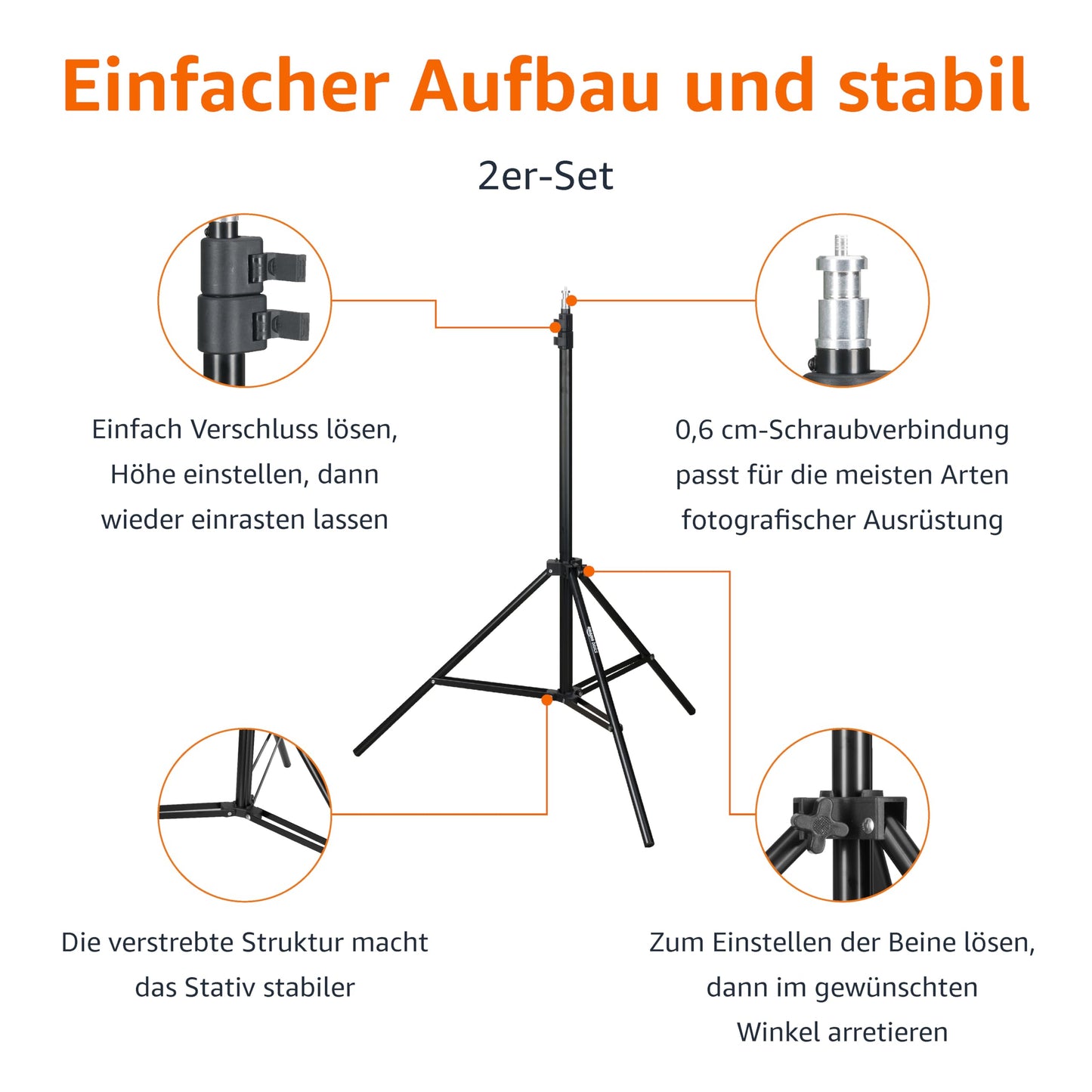 Amazon Basics - 2er-Pack Aluminium 2,04 m Kamera Beleuchtungsstativ für Studio- und On-Location-Fotos, 1,22 kg, max. Belastung 3,17 kg, Höhenverstellbar, Tragbar, Kompakte Aufbewahrung - Schwarz