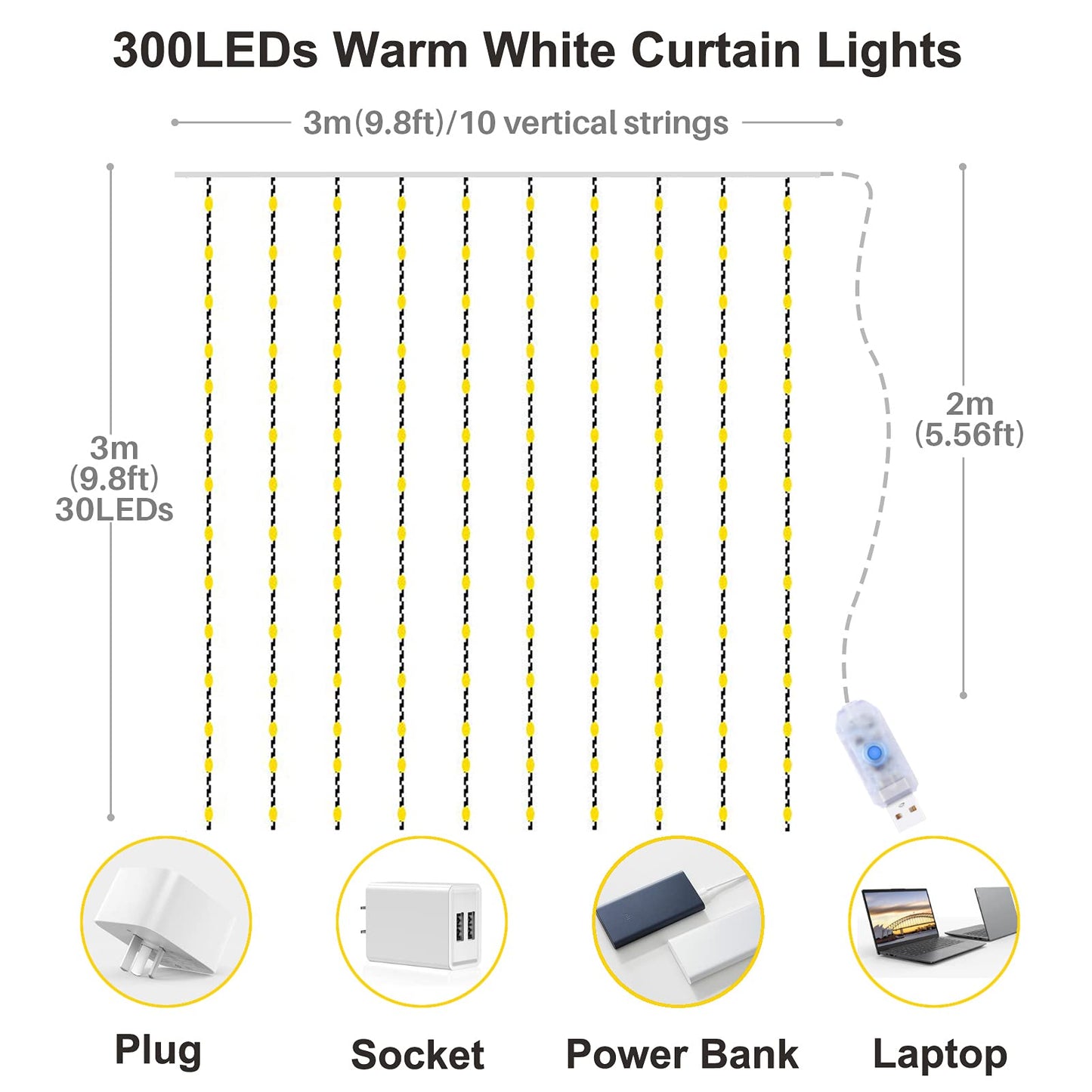 Yizhet Lichtervorhang 3x3m LED Lichterketten Vorhang LED Lichterkettenvorhang mit 8 Modi, IP65 Wasserdicht Lichtervorhang Innen Außen Deko für Hochzeit,Party,Weihnachten,Terrasse (300LED, Warmweiß)
