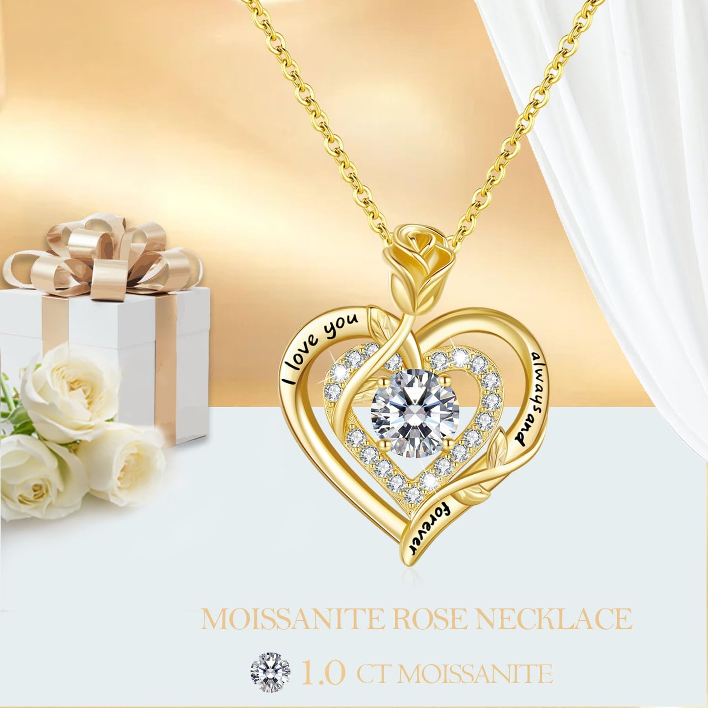 LAVUMO Moissanite Halskette Damen Silber 925 Rosegold Gold,1 Karat Moissanite Kette Doppel Herz Rose Anhänger Weihnachten Valentinstag Geburtstag Schmuck Geschenke Frauen Freundin Mama
